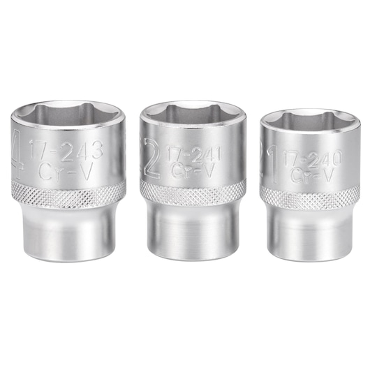Three silver Stanley socket wrenches, each with knurled grip and engraved size numbers, shown standing upright.