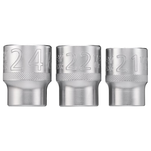 Three STANLEY socket wrench heads in sizes 24, 22, and 21 mm, made of polished metal.