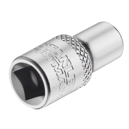 STANLEY FMMT17190-0 chrome socket adapter with knurled grip, photography on white background.