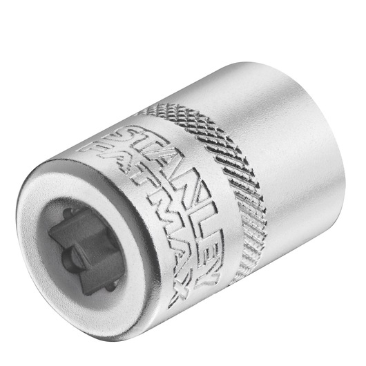 STANLEY FMMT17197-0 chrome socket adapter, cylindrical with knurled grip, close-up on white background.