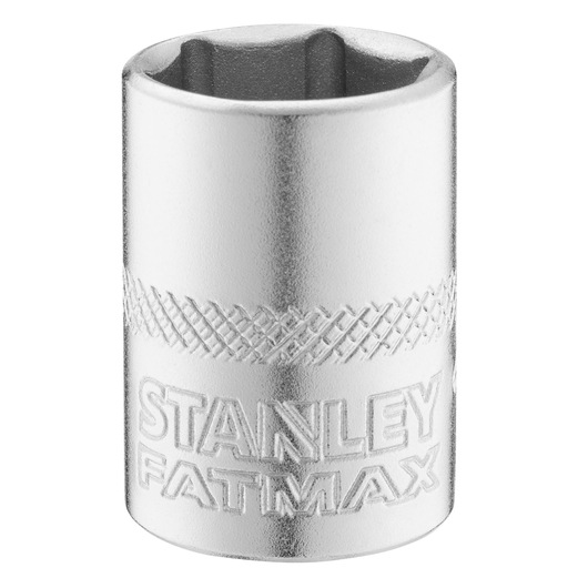 STANLEY FMMT17198-0 chrome socket, cylindrical hand tool with knurled grip, front angle on white background.
