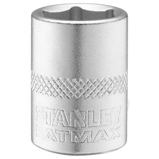 Photo of STANLEY FMMT17213-0 chrome socket, knurled grip, tool accessory, front angle on white background.