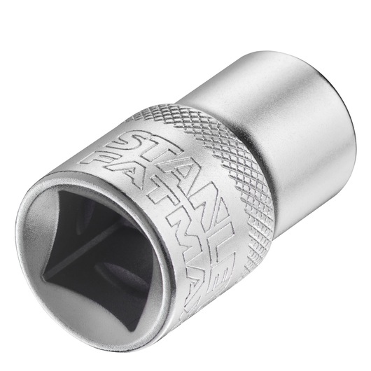STANLEY FMMT17232-0 socket tool, silver, knurled grip, angled front, photography on white background.