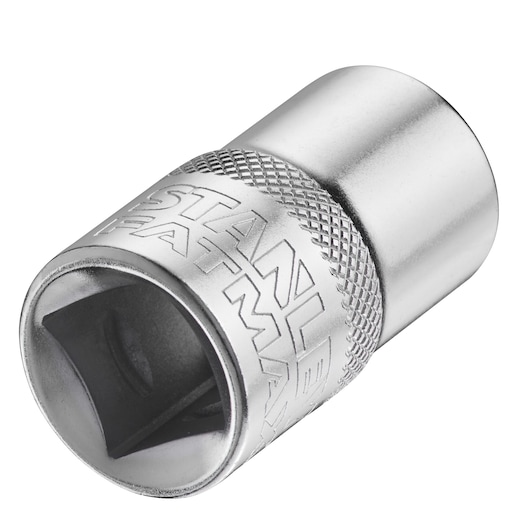 STANLEY FMMT17234-0 chrome socket, close-up angled view, knurled grip and engraved logo visible.