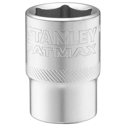 STANLEY FMMT17238-0 chrome socket, FATMAX branding, knurled grip, front angle, hand tool accessory.