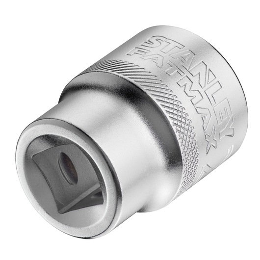 STANLEY FMMT17242-0 chrome socket adapter with knurled grip, close-up angled on white background.