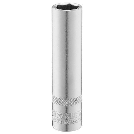 STANLEY FMMT17338-0 long chrome socket, knurled grip, engraved logo, shown upright on white background.