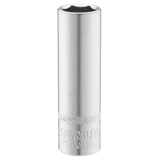 STANLEY FMMT17523-0 chrome deep socket, cylindrical tool with engraved brand, product photography on white background.