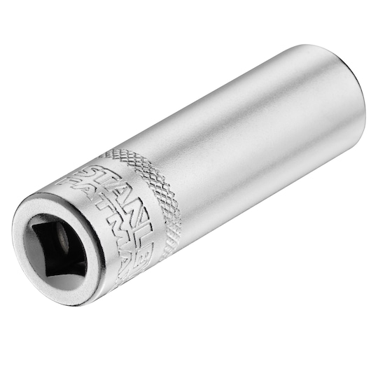 STANLEY FMMT17523-0 chrome socket, cylindrical shape, close-up photo on white background.