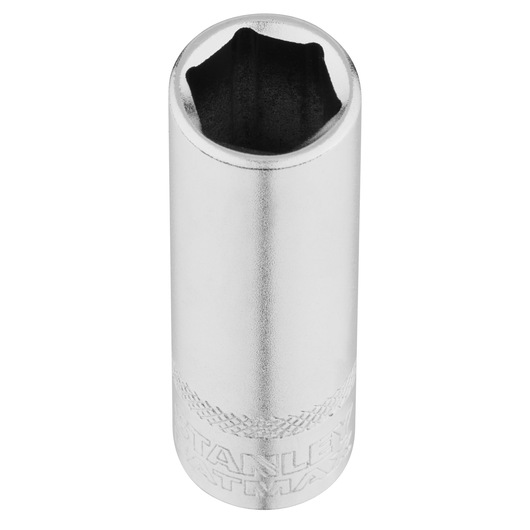 STANLEY FMMT17963-0 chrome finish socket, cylindrical shape, top angle, photography product.