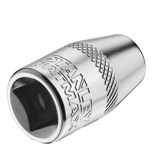 STANLEY FMMT18013-0 chrome socket, tool accessory, angled close-up on white background.