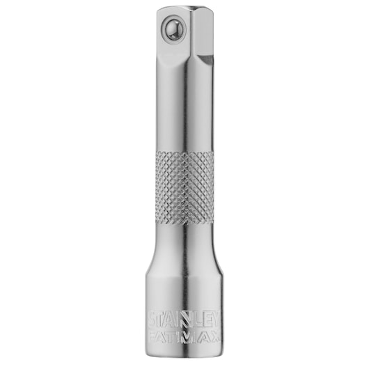 STANLEY FMMT25130-0 chrome socket extension bar, front angle, knurled grip, photography on white background.