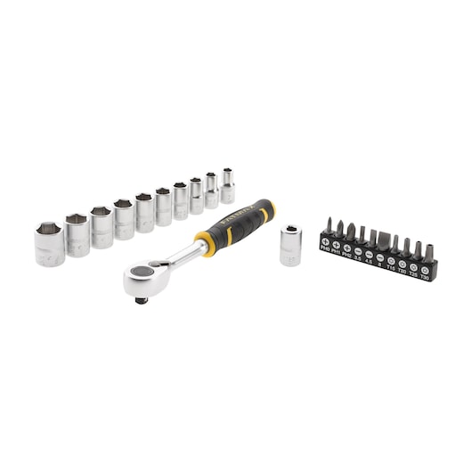 STANLEY FMMT82679-0 socket and bit set with ratchet handle, twelve sockets, and ten screwdriver bits, front angle.