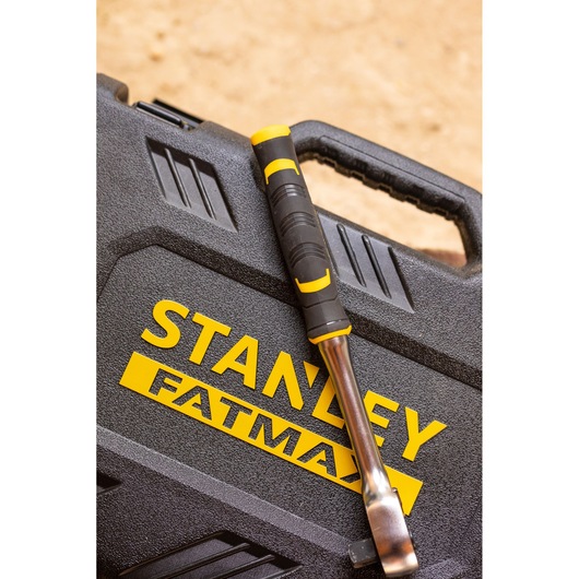 Photo of STANLEY FMMT82827-1 tool case with a black and yellow handled tool resting on top.