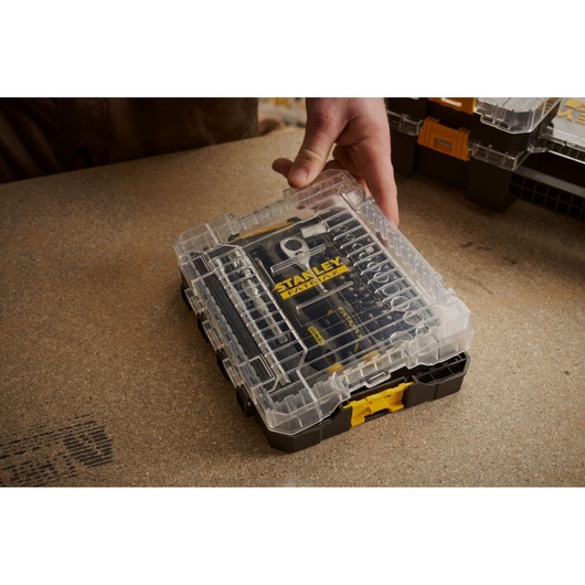 STANLEY FMMT98101-0 tool bit set in clear plastic case held on workbench.