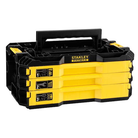 STANLEY FMMT98107-1 yellow and black stackable tool organizer with three drawers, product front angle on white.