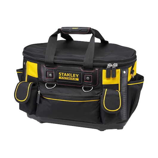 STANLEY FMST1-70749 tool bag in black and yellow, front angle, multiple pockets, zippered compartments.