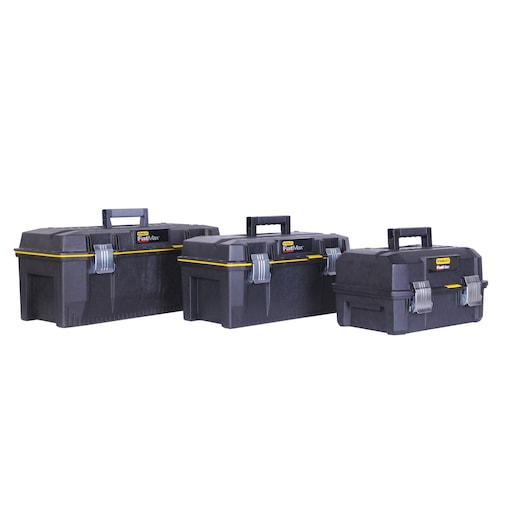 STANLEY FMST1-71219 black plastic toolboxes set with yellow accents, three sizes, side angle, white background.
