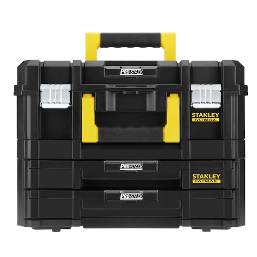 STANLEY FMST1-71981 black and yellow PRO-STACK FATMAX tool box with two drawers, front view.