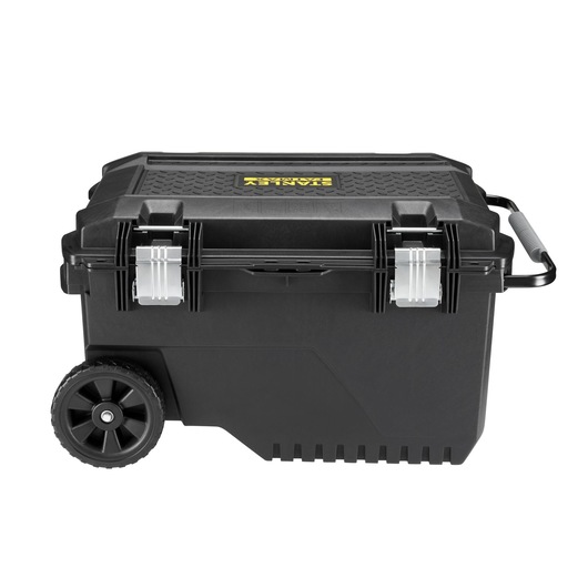 STANLEY FMST1-73601 black wheeled toolbox with silver latches, side handle, photography, side angle.