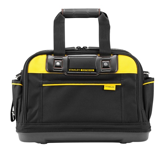 Stanley Fatmax black and yellow tool bag with handles and multiple pockets, designed for carrying tools.
