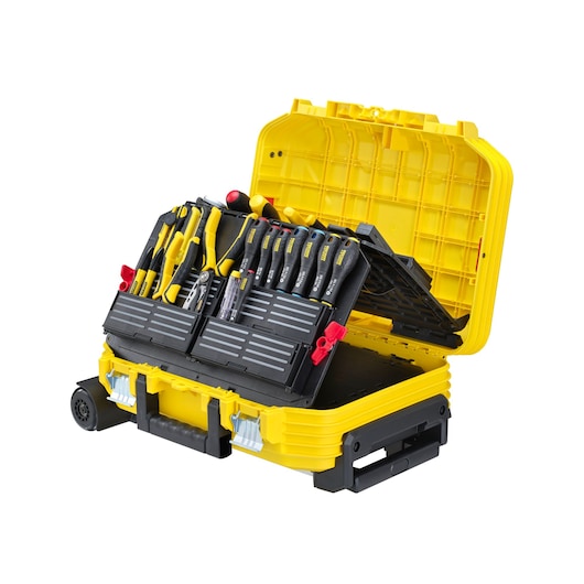 STANLEY FMST1-75530 yellow tool case with organizer trays, loaded with assorted hand tools, angled on white background.