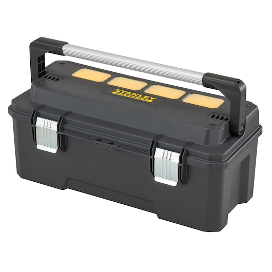 STANLEY FMST1-75791 black toolbox with metal latches, top organizer compartments, and large carrying handle, angled view.