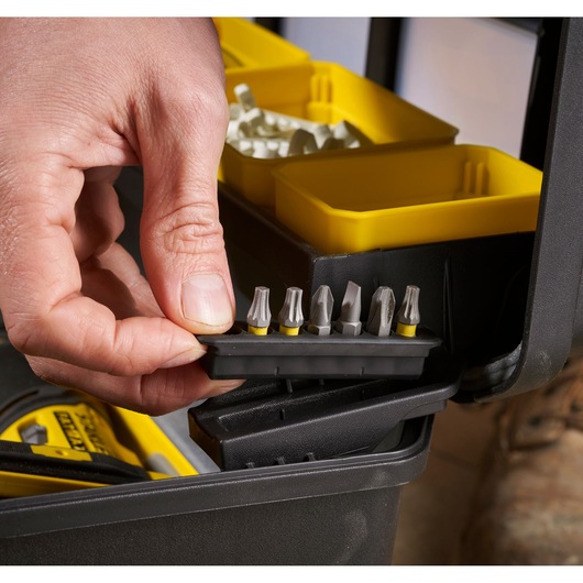 STANLEY FMST1-75791 organizer close-up showing bit holder and yellow compartments.
