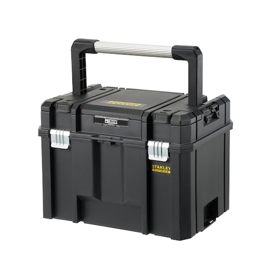 STANLEY FMST1-75796 tool box, black, front angled view, with large metal handle and secure metal latches.