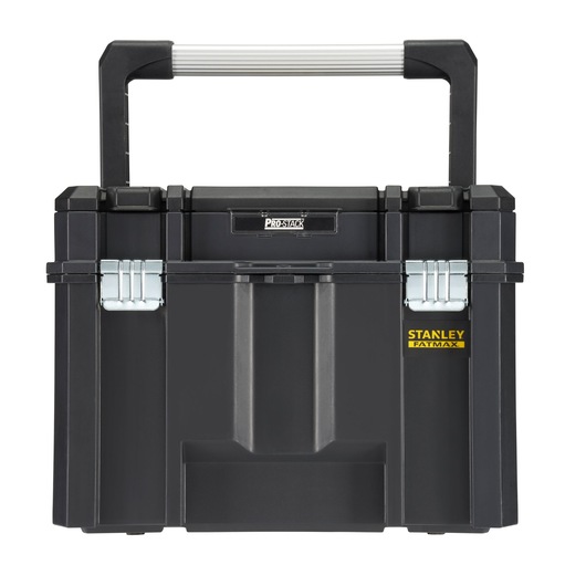 STANLEY FMST1-75796 black tool box with metal latches and large handle, front angle, white background.