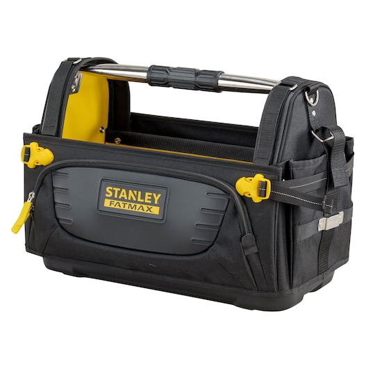STANLEY FMST1-80146 black and yellow open tool bag with metal handle, front zip pocket, side straps, and hard base, angled view.