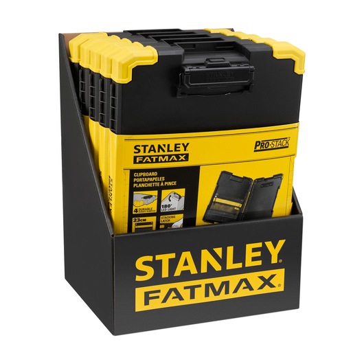 STANLEY FMST82721-1 clipboard black and yellow, front angle in branded display box.