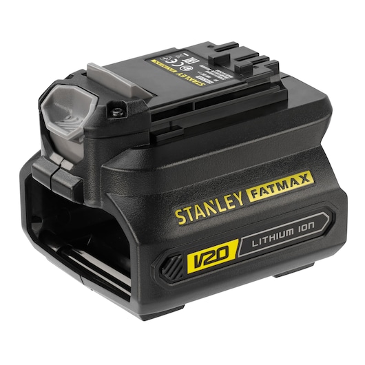 STANLEY SFMCB100 V20 Lithium Ion battery front angle photo, black casing with yellow branding.