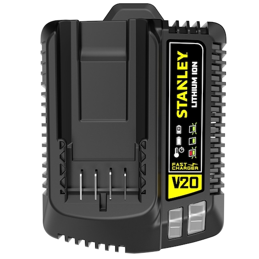Stanley SFMCB14 battery charger, black, front angle, V20 lithium-ion, Fatmax branding.