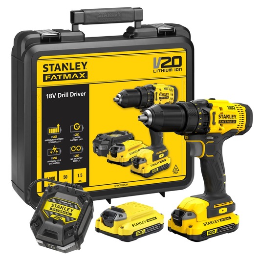 STANLEY SFMCD700C2K V20 18V drill driver kit with drill, charger, two batteries and carrying case, front angle.