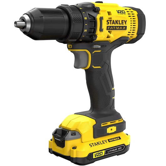 Photo of STANLEY SFMCD700C2S cordless drill with yellow and black body, side angle on white background.