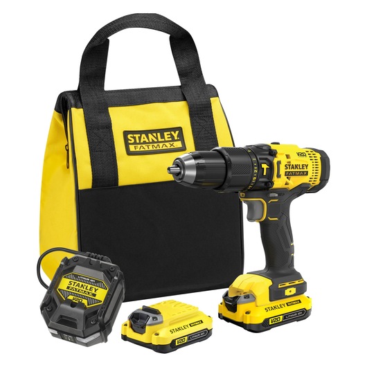 STANLEY SFMCD700C2S drill set with bag, two batteries, and charger, front angle on white background.