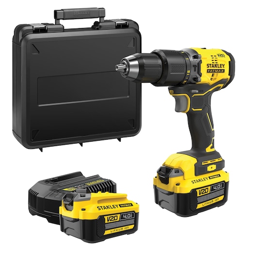 Stanley V20 cordless drill kit with case, charger, and two lithium-ion batteries.