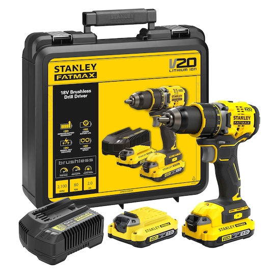STANLEY SFMCD720D2K brushless 18V drill driver kit with two batteries, charger, and hard carrying case, front angle.