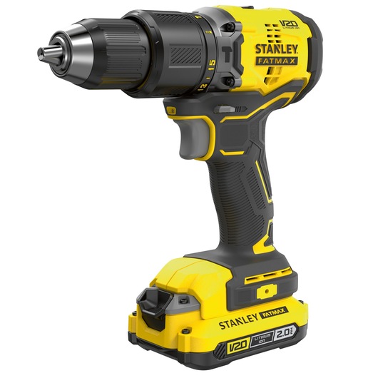 Photo of STANLEY SFMCK461D2T cordless drill driver, yellow and black, V20 Lithium Ion, front left angle on white background.