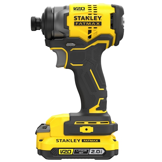 Photo of STANLEY SFMCK461D2T cordless impact driver, yellow and black, side view on white background.