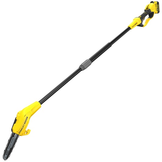 Photo of STANLEY SFMCPS620M1 cordless pole saw with yellow and black design, side view on white background.
