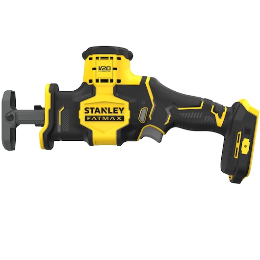 STANLEY SFMCS305B reciprocating saw side view, yellow and black, FATMAX V20 cordless design.