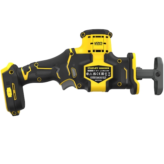 Photo of STANLEY SFMCS305B cordless reciprocating saw, yellow and black, side view on white background.