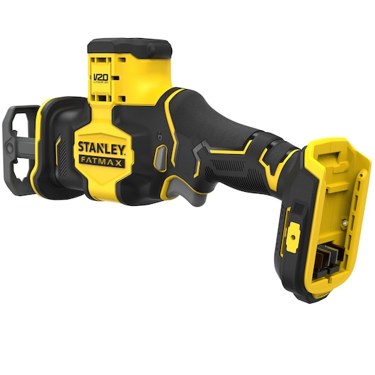 STANLEY SFMCS305B reciprocating saw, yellow and black, side angle on white background.