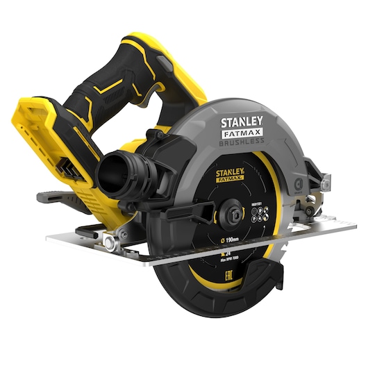 STANLEY SFMCS550B cordless circular saw, side angle, yellow and black design, visible blade guard.