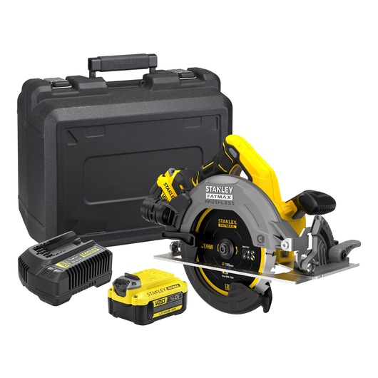 STANLEY SFMCS550M2K cordless circular saw kit with hard case, battery, and charger, front angle.