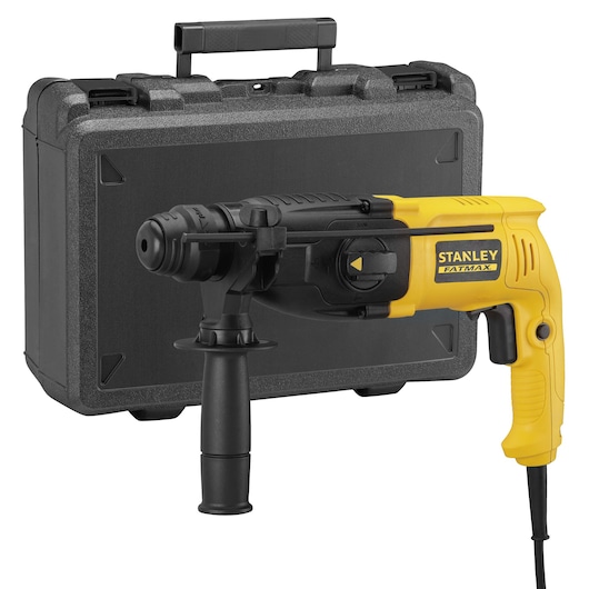 STANLEY SFMEH200K yellow and black rotary hammer drill with side handle, shown with hard carrying case, front angle.