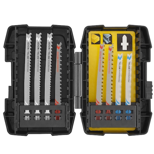 STANLEY STA88300 jigsaw blade set in black case, assortment of metal and wood blades, top view.