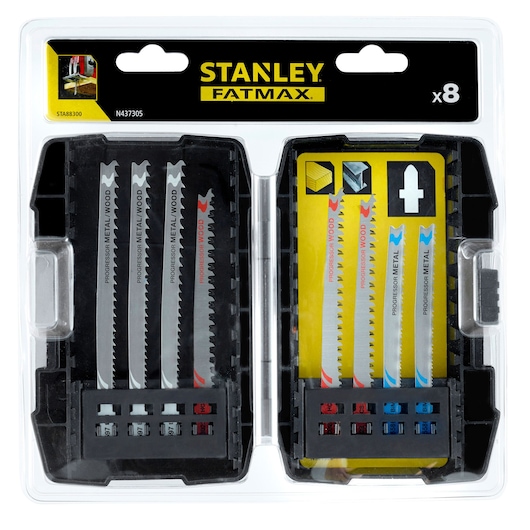 STANLEY STA88300 saw blade set, 8-piece, for wood and metal, in black plastic case, top view.
